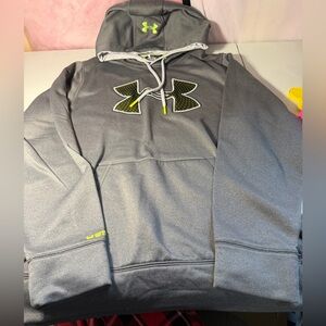 Under armour storm gray and green logo hooded pullover sweater